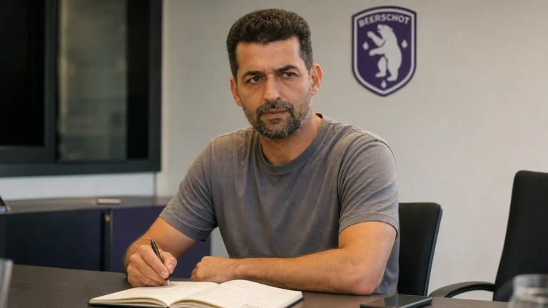 Flavien Le Postollec in een vergaderruimte met een subtiel Beerschot-embleem op de wand.
