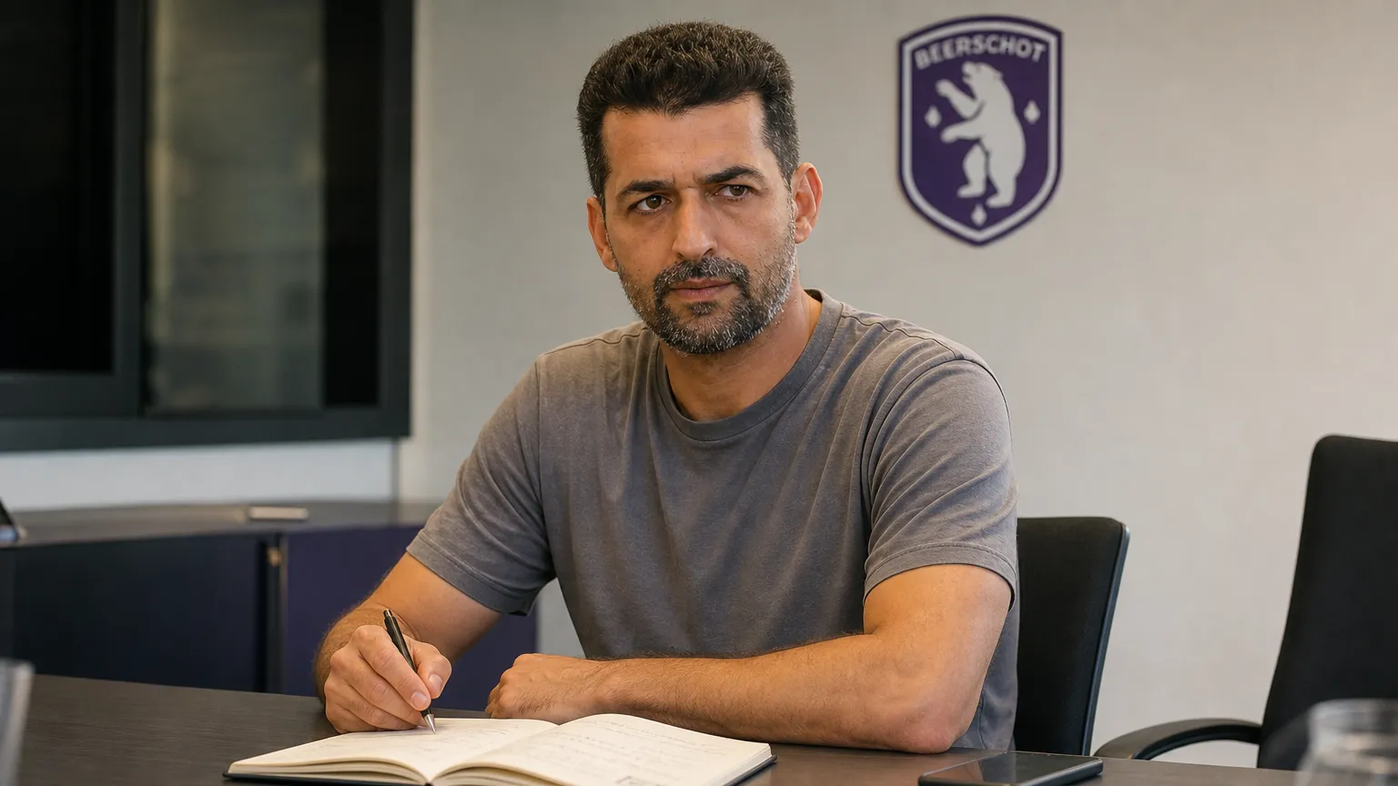 Flavien Le Postollec in een vergaderruimte met een subtiel Beerschot-embleem op de wand.