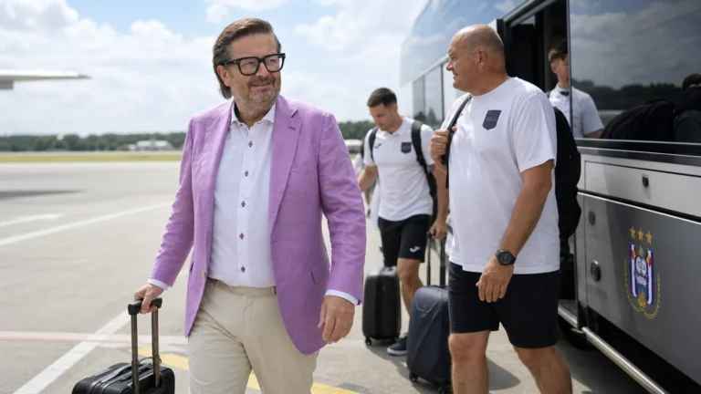 Marc Coucke stapt op het tarmac naast de teamcoach van RSC Anderlecht.