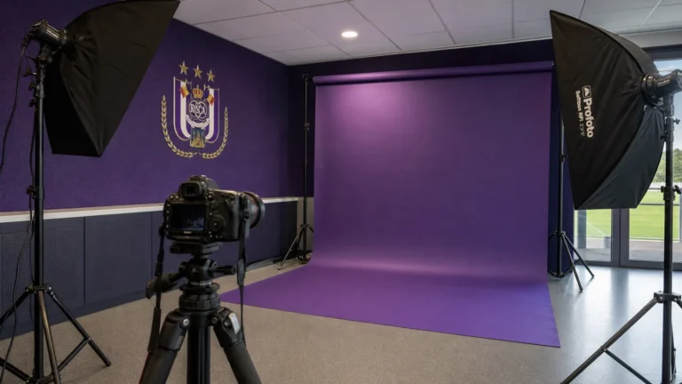 Voorbereiding van een U23-fotoshoot bij RSC Anderlecht met paarse clubachtergrond.