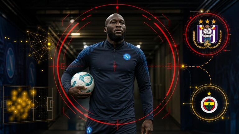 Romelu Lukaku in Napoli-trainingskledij met afzonderlijke scoutingankers van RSC Anderlecht en Fenerbahçe.