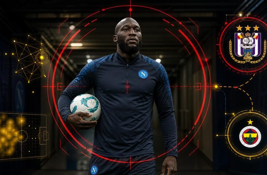 Romelu Lukaku in Napoli-trainingskledij met afzonderlijke scoutingankers van RSC Anderlecht en Fenerbahçe.