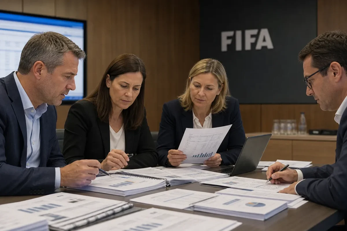 Medewerkers van een organisatiecomité bespreken financiële documenten in een vergaderruimte met een discreet FIFA-wandpaneel.