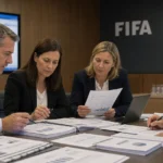 Medewerkers van een organisatiecomité bespreken financiële documenten in een vergaderruimte met een discreet FIFA-wandpaneel.