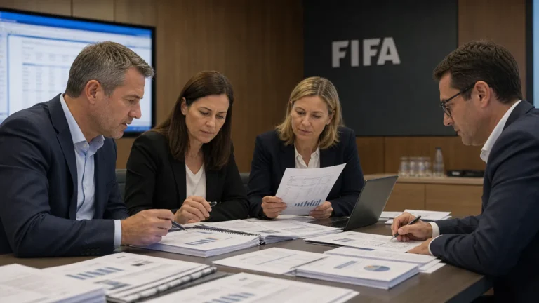 Medewerkers van een organisatiecomitƩ bespreken financiƫle documenten in een vergaderruimte met een discreet FIFA-wandpaneel.