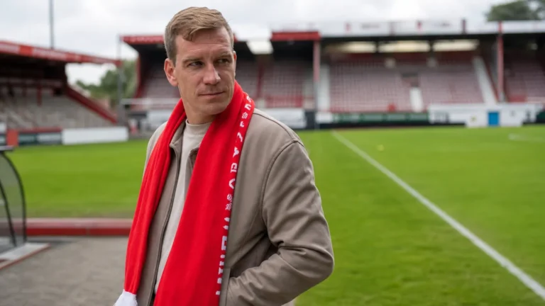 Michiel Jonckheere staat met een rode sjaal aan de rand van een voetbalveld.