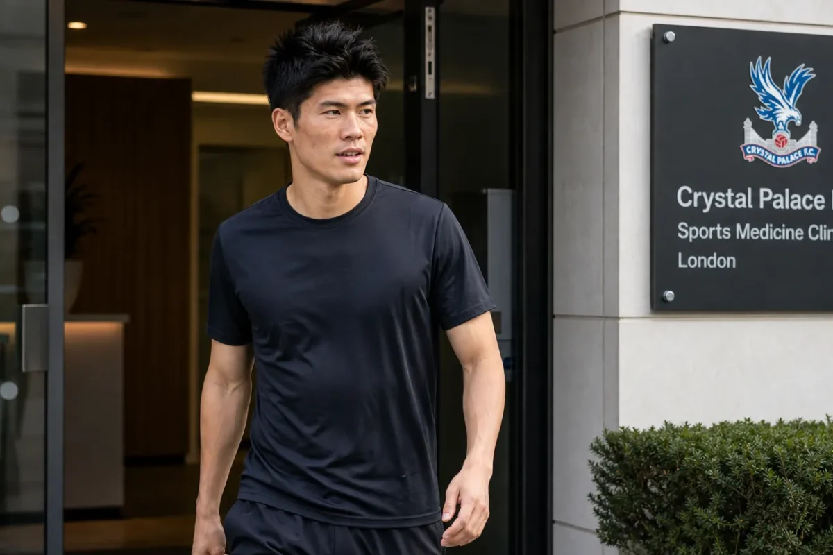 Takehiro Tomiyasu verlaat in neutrale sportkleding een sportmedische kliniek in Londen.