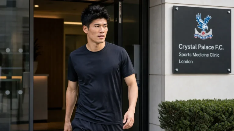 Takehiro Tomiyasu verlaat in neutrale sportkleding een sportmedische kliniek in Londen.
