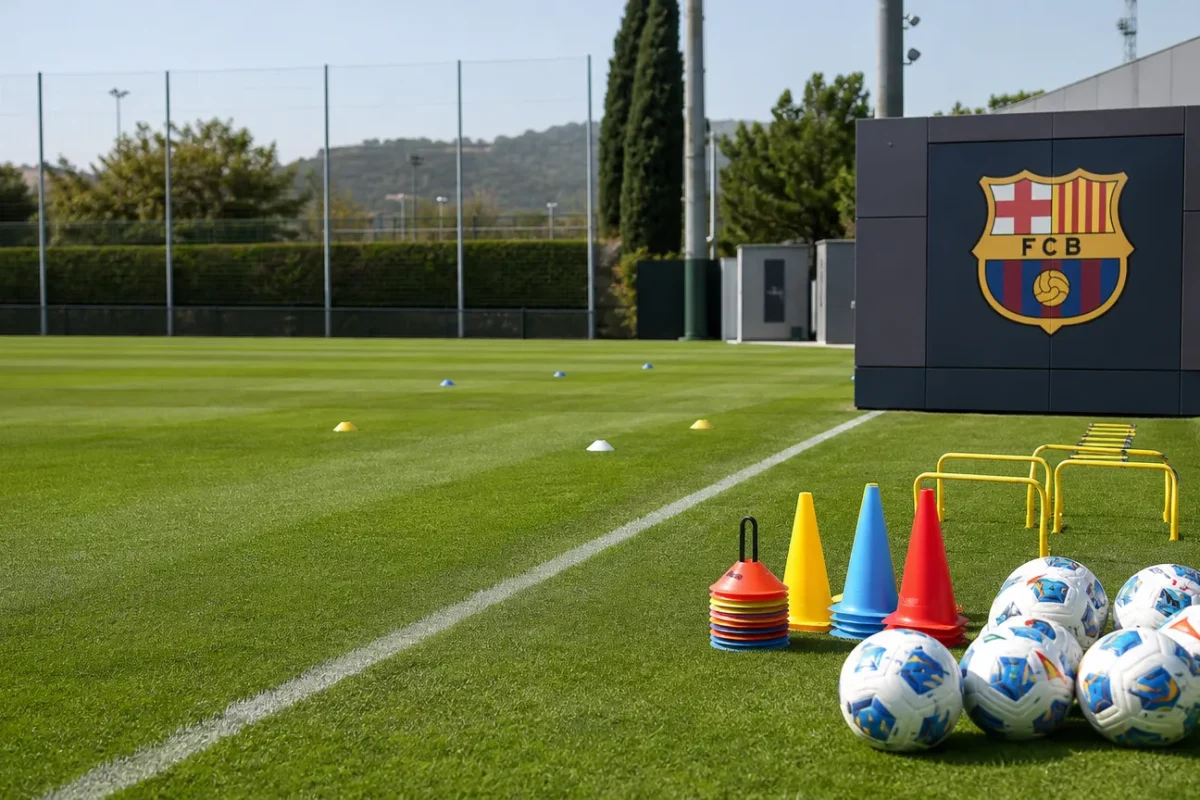 Een voorbereid trainingsveld bij FC Barcelona met trainingsmateriaal en een clubbord.