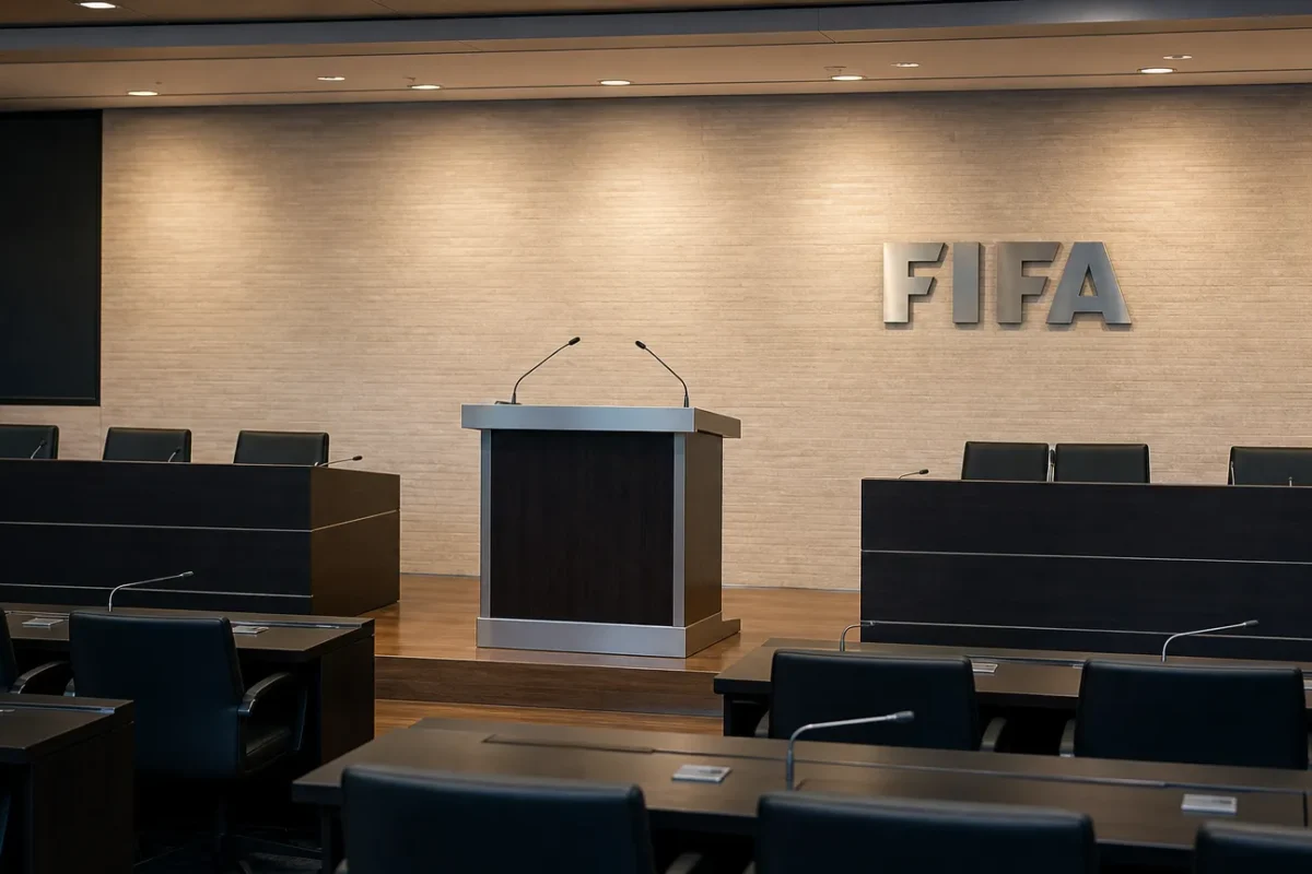 Een leeg officieel FIFA-podium met een spreekgestoelte in een vergaderzaal.