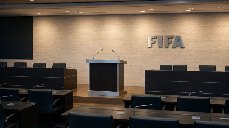 Een leeg officieel FIFA-podium met een spreekgestoelte in een vergaderzaal.