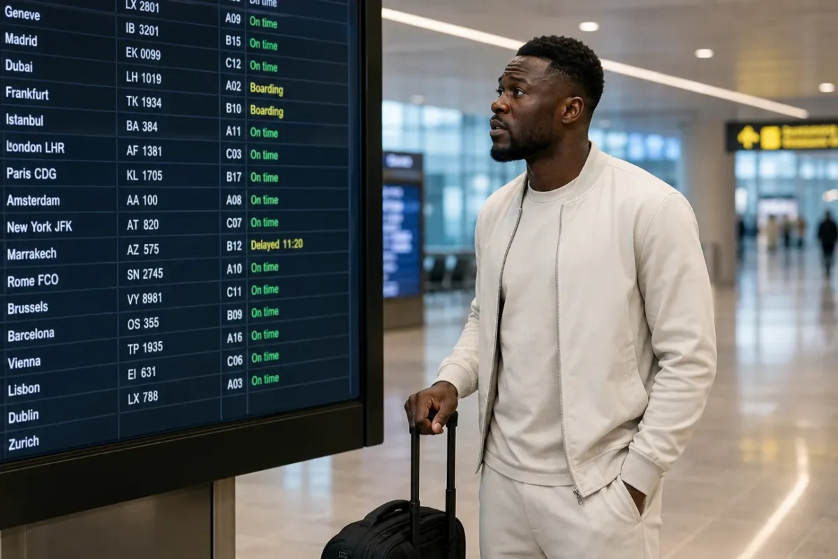 Chancel Mbemba in neutrale reiskleding in een internationale vertrekhal