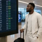 Chancel Mbemba in neutrale reiskleding in een internationale vertrekhal
