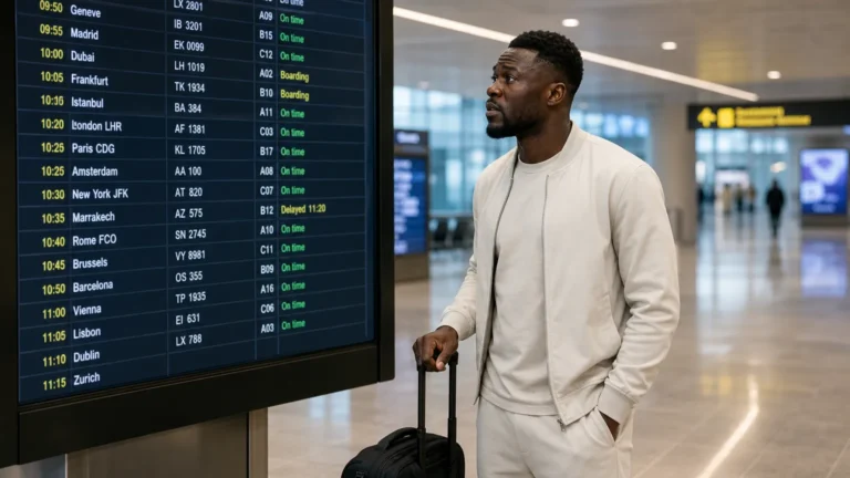 Chancel Mbemba in neutrale reiskleding in een internationale vertrekhal