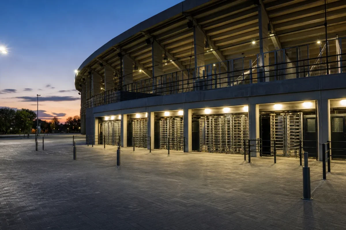 De ingang van een Europees voetbalstadion in de aanloop naar een kwalificatiewedstrijd.
