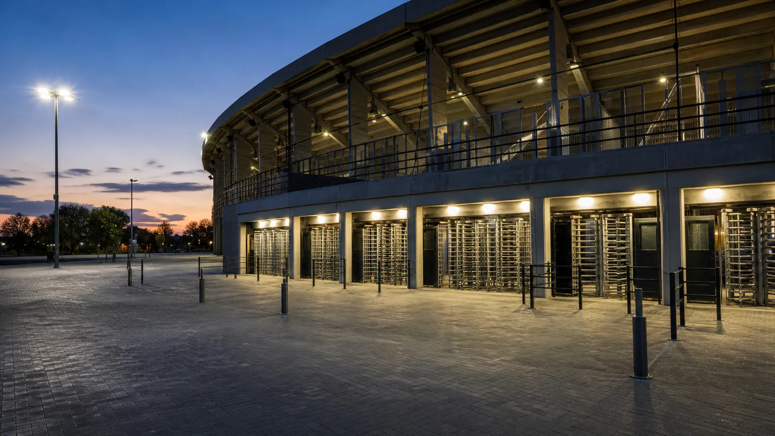 De ingang van een Europees voetbalstadion in de aanloop naar een kwalificatiewedstrijd.