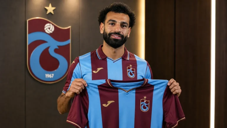Mohamed Salah poseert tijdens zijn officiële voorstelling als speler van Trabzonspor.