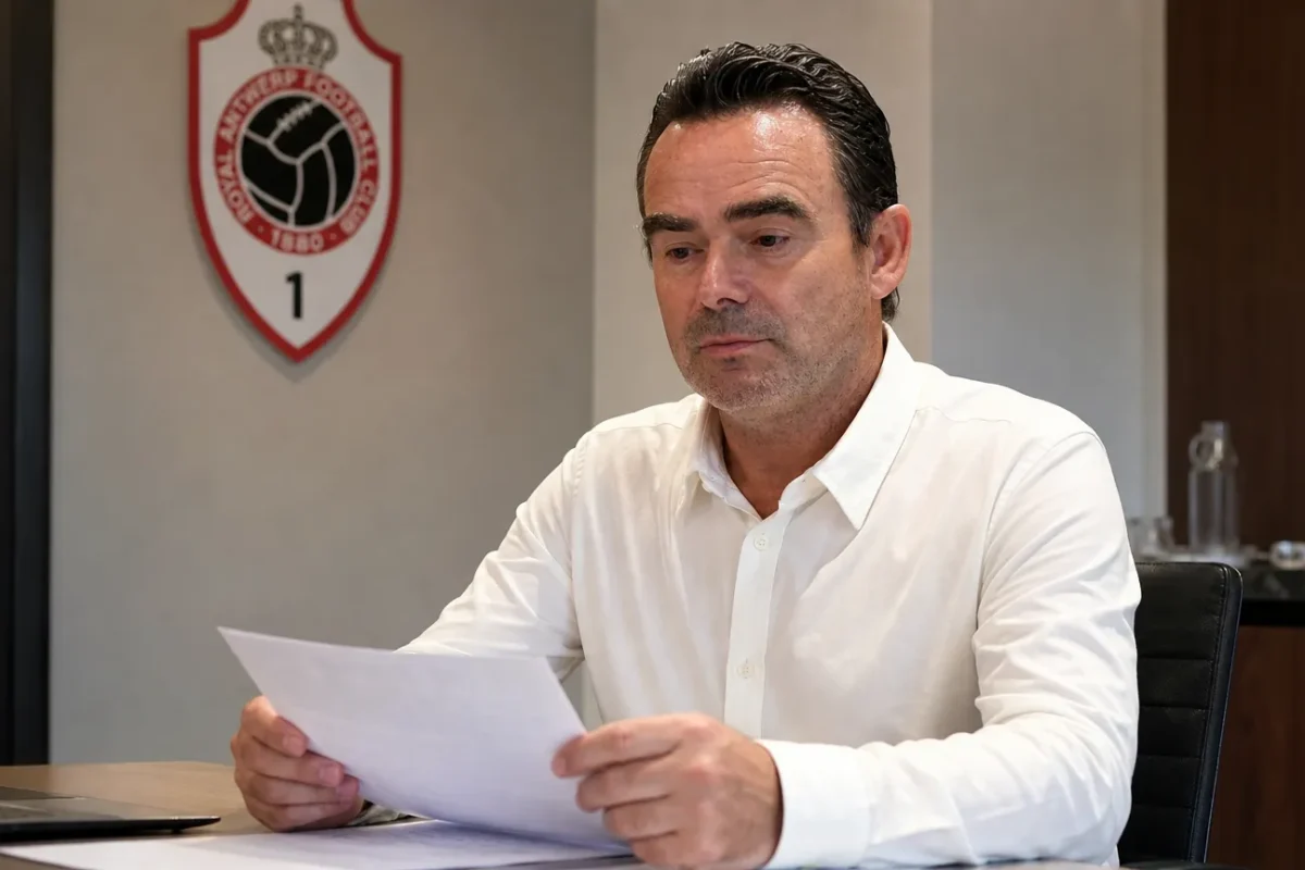 Een clubvertegenwoordiger bekijkt documenten in een vergaderruimte van Royal Antwerp FC.