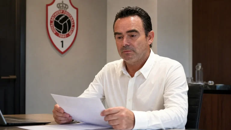 Een clubvertegenwoordiger bekijkt documenten in een vergaderruimte van Royal Antwerp FC.