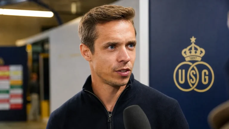 David Hubert spreekt met een journalist in de mixed zone van Union.