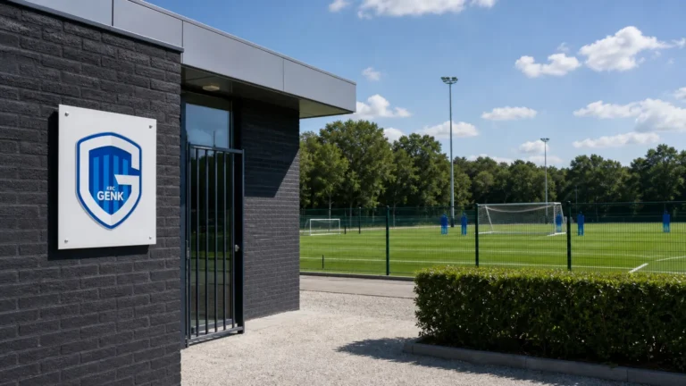 Een trainingsveld aan de jeugdacademie van KRC Genk met het clubanker aan de ingang.