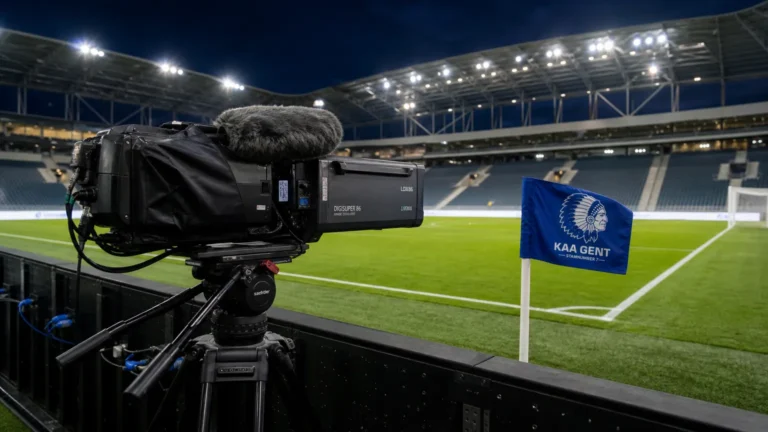Een tv-camera langs het veld met een KAA Gent-vlag in een Zweeds voetbalstadion voor de aftrap.