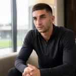 Ferran Torres in neutrale sportkleding in een rustige lounge bij een voetbalcomplex.