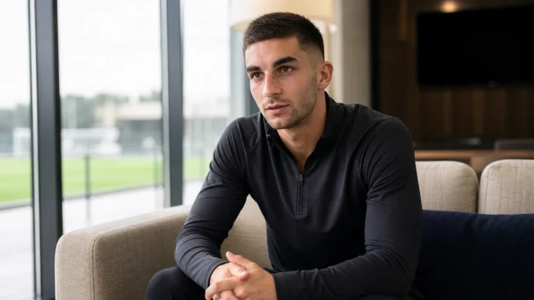 Ferran Torres in neutrale sportkleding in een rustige lounge bij een voetbalcomplex.