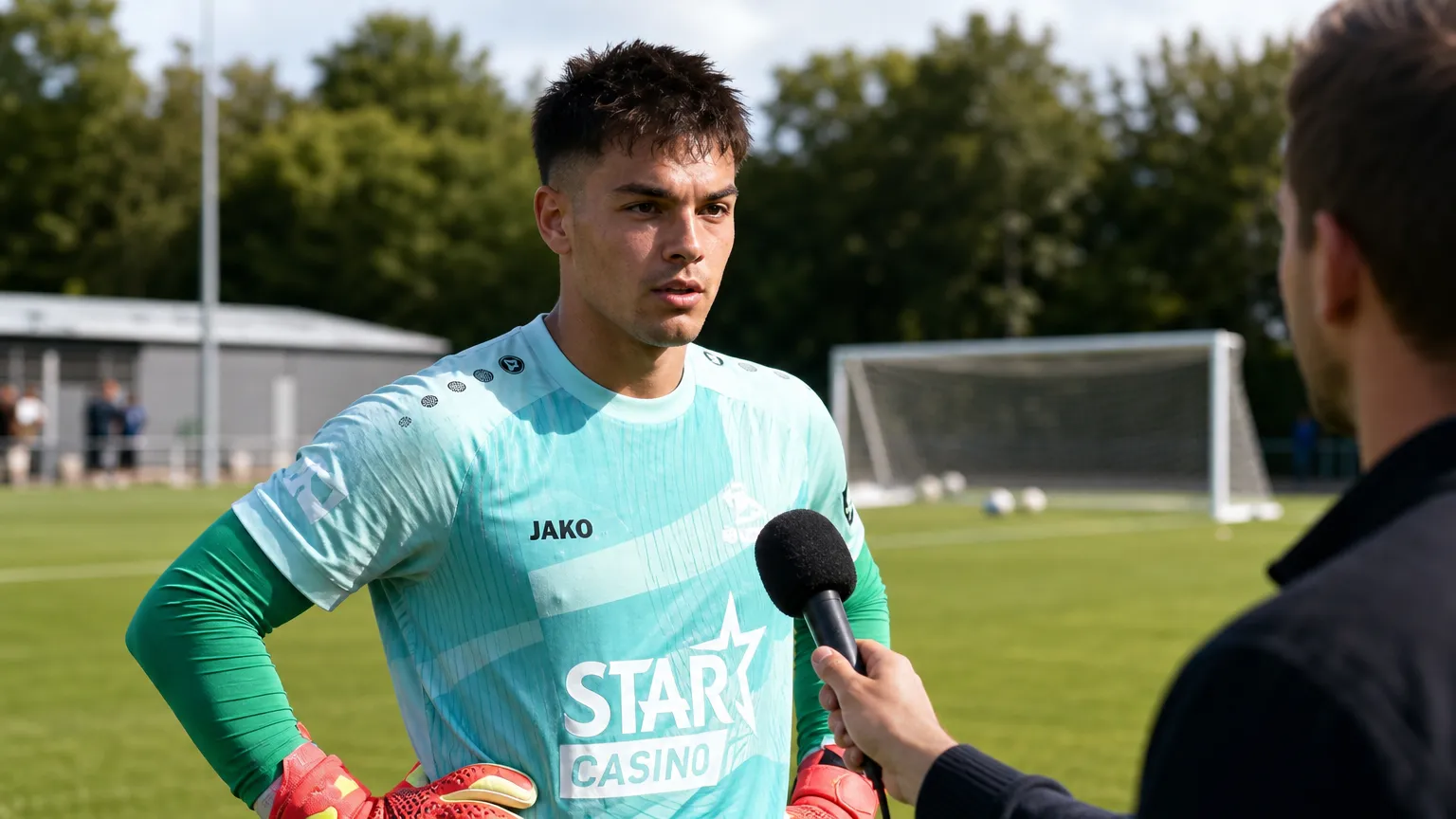 Dani van den Heuvel beantwoordt een vraag naast een voetbalveld.