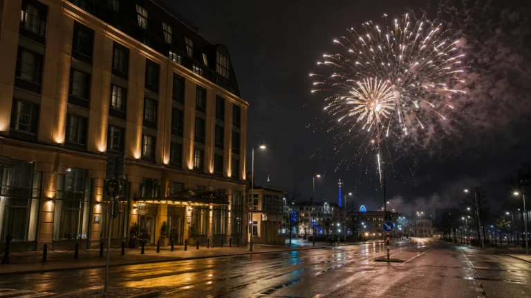 Vuurwerk boven de straat bij een hotel in Göteborg tijdens de nacht.