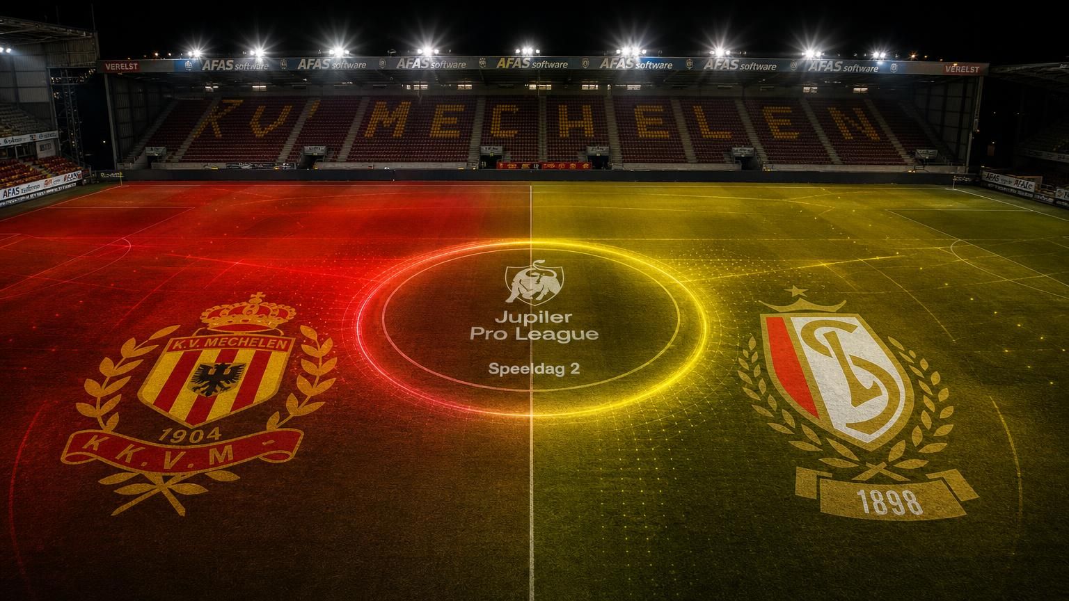 KV Mechelen en Standard de Liège in een donkere stadionscan voor speeldag 2 van de Jupiler Pro League