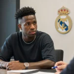 Vinicius Junior zit in een vergaderruimte met een discreet Real Madrid-embleem op de wand.
