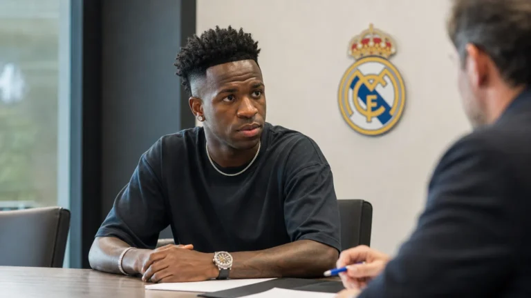 Vinicius Junior zit in een vergaderruimte met een discreet Real Madrid-embleem op de wand.