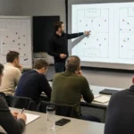 Cursisten volgen een tactische sessie in een opleidingsruimte voor voetbaltrainers.