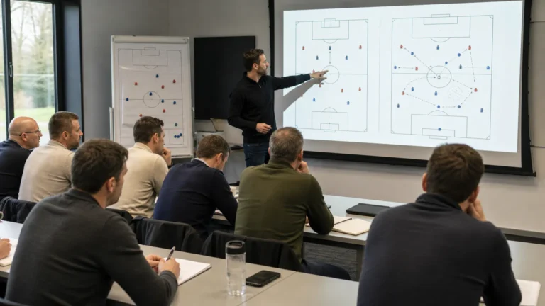 Cursisten volgen een tactische sessie in een opleidingsruimte voor voetbaltrainers.