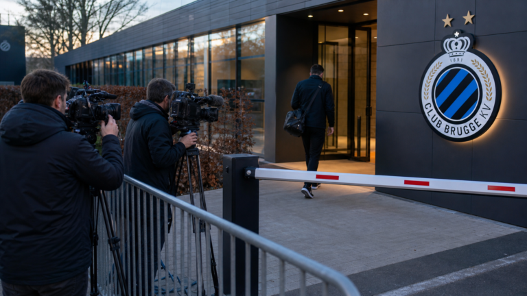 Journalisten en clubmedewerkers aan de ingang van het trainingscomplex van Club Brugge.