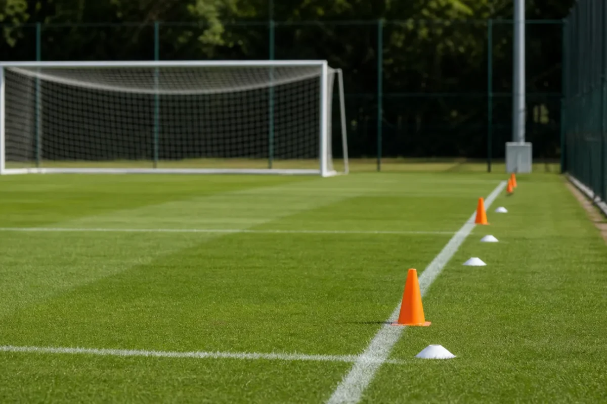 Een flankzone op een voetbaltrainingsveld met kegels en een doel op de achtergrond.