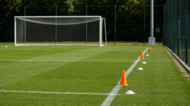 Een flankzone op een voetbaltrainingsveld met kegels en een doel op de achtergrond.