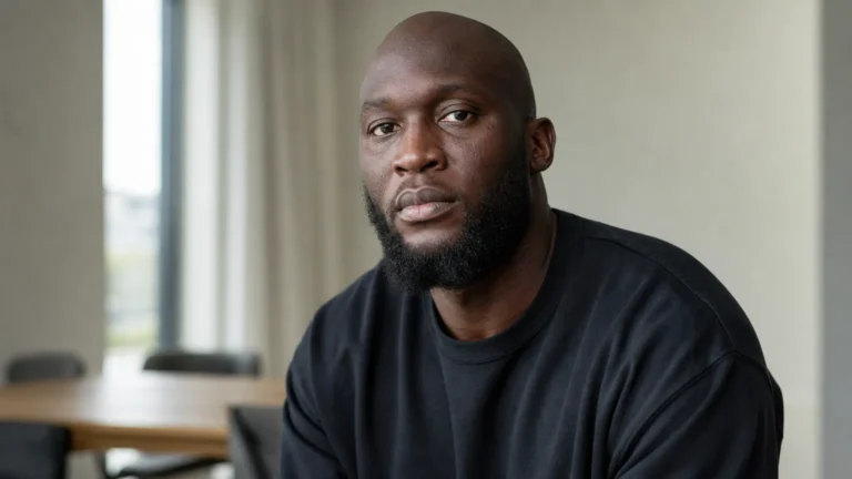 Romelu Lukaku in neutrale kleding tijdens een rustig indoor portret.