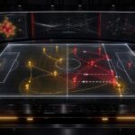 Holografisch voetbalveld waarop een pressingval een opbouwende ploeg tegen de zijlijn vastzet.