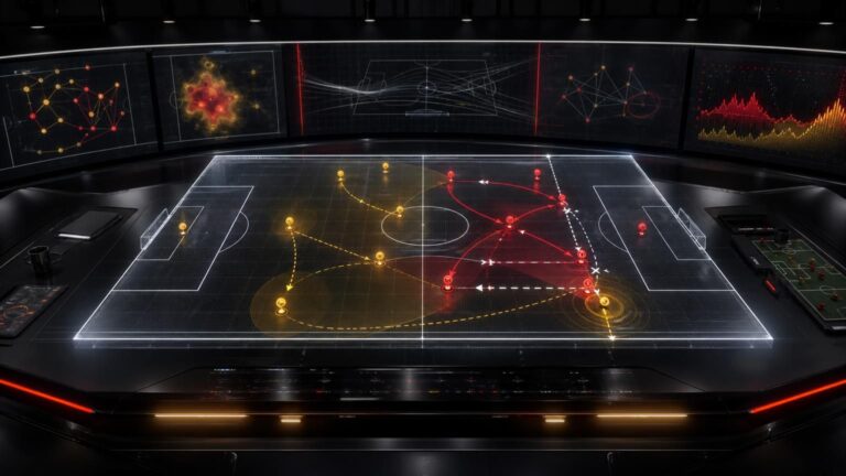 Holografisch voetbalveld waarop een pressingval een opbouwende ploeg tegen de zijlijn vastzet.