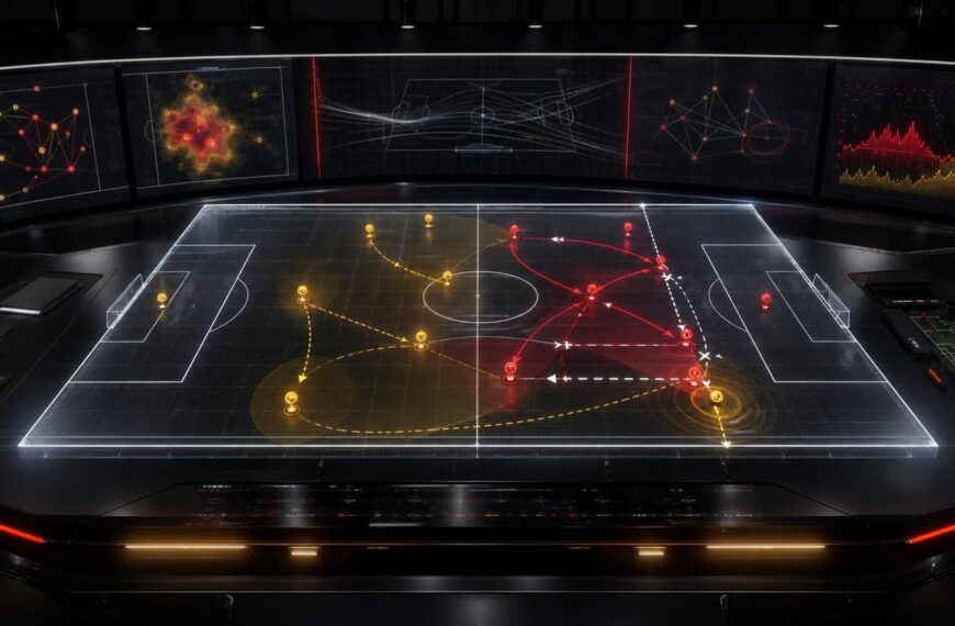 Holografisch voetbalveld waarop een pressingval een opbouwende ploeg tegen de zijlijn vastzet.