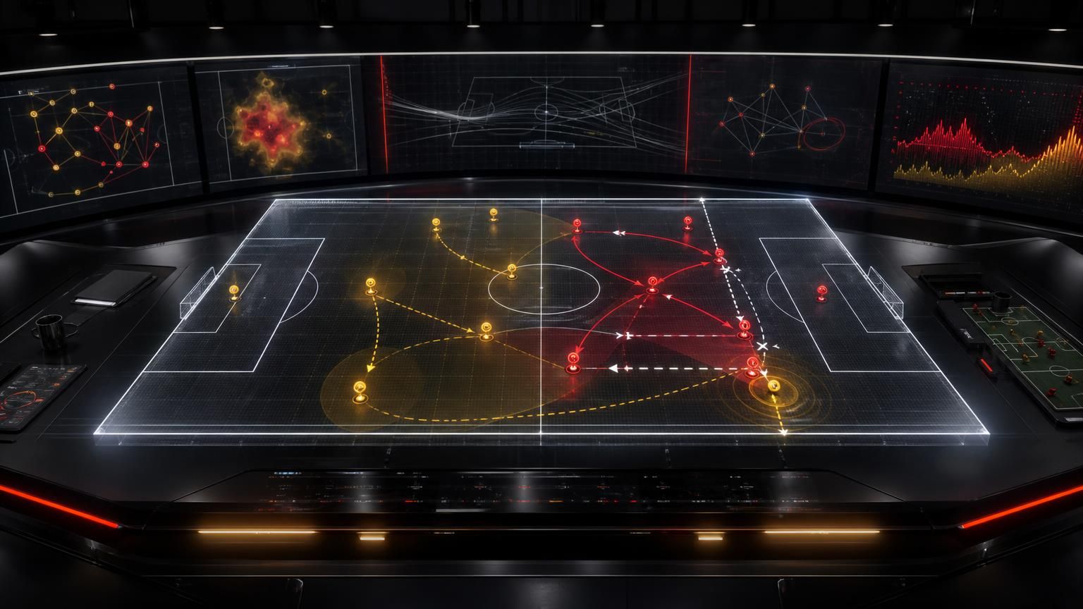 Holografisch voetbalveld waarop een pressingval een opbouwende ploeg tegen de zijlijn vastzet.