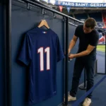 Een PSG-shirt met rugnummer 11 hangt klaar in een presentatiezone in het Parc des Princes.