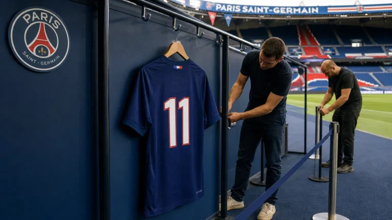 Een PSG-shirt met rugnummer 11 hangt klaar in een presentatiezone in het Parc des Princes.