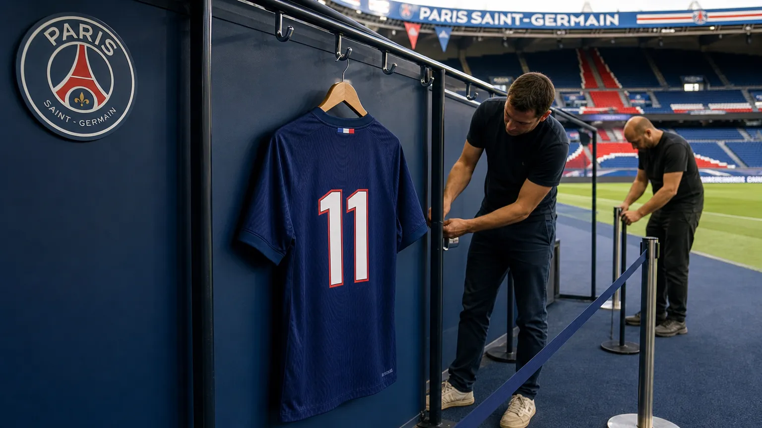 Een PSG-shirt met rugnummer 11 hangt klaar in een presentatiezone in het Parc des Princes.