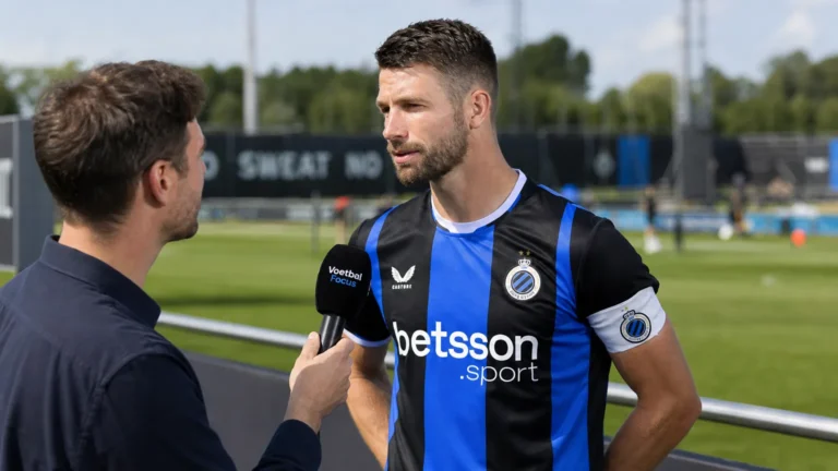 Brandon Mechele van Club Brugge spreekt naast het trainingsveld met een journalist.