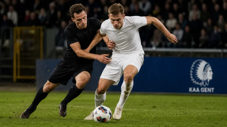 Twee voetballers strijden om de bal tijdens een Europese wedstrijd van KAA Gent.