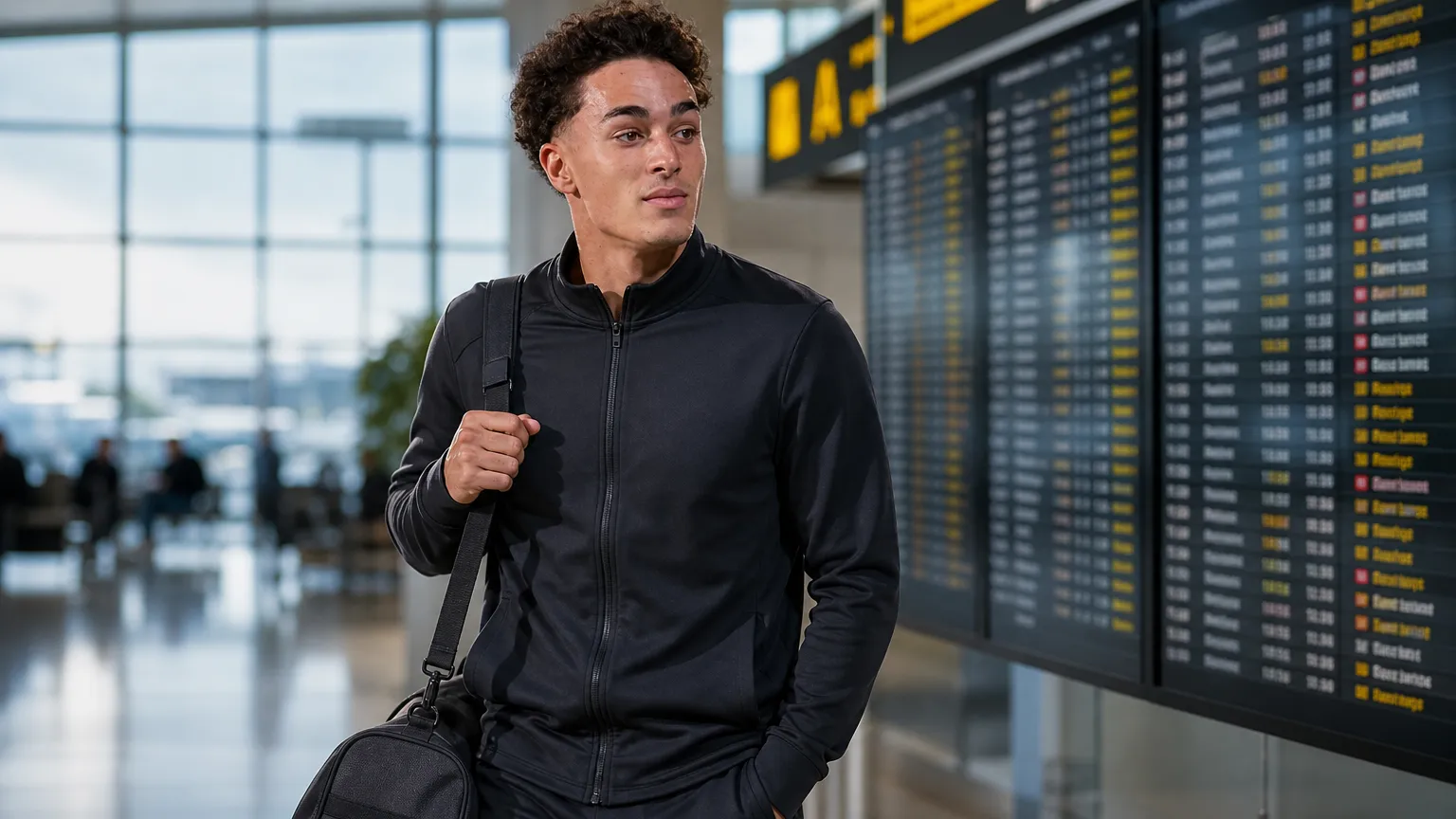 Jan Virgili in neutrale sportkleding in een vertrekhal van een luchthaven.