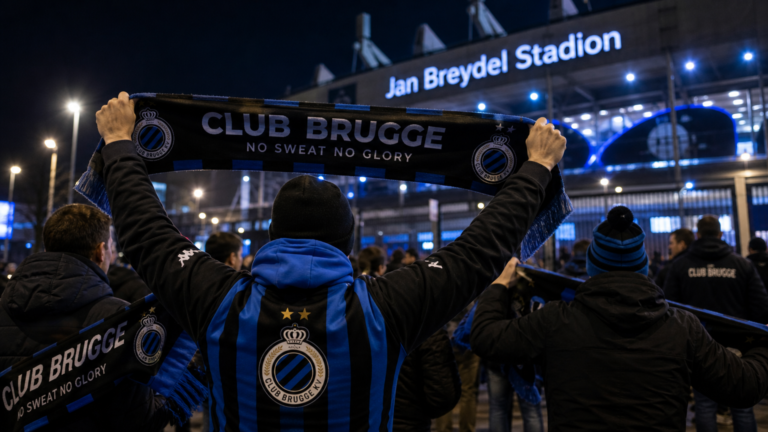 Supporters van Club Brugge met blauw-zwarte sjaals aan het stadion.